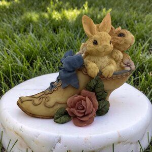 Bunny Figurine Collectible Victorian Shoe Easter Flowers Blue Bow